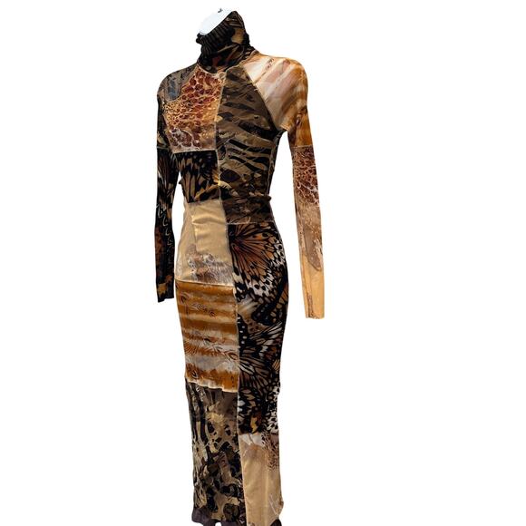 Fuzzi Patchwork Mesh Midi Dress SMALL Slinky Bodycon Designer Mockneck $700 - Picture 10 of 14